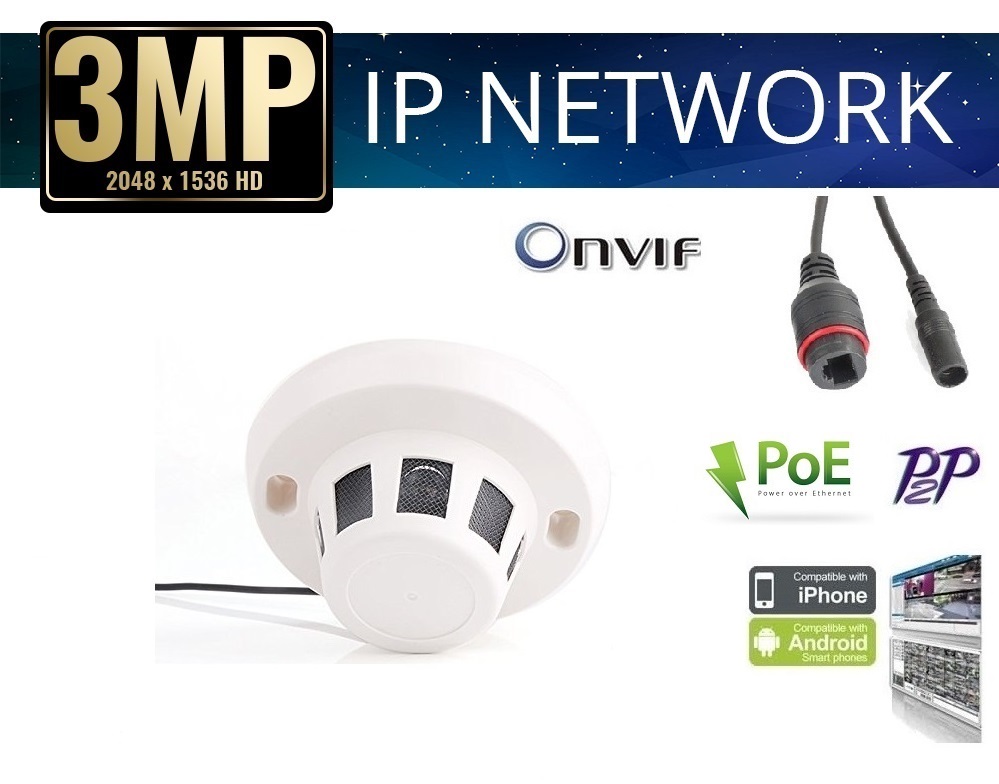 3MP Indoor Security Smoke Detector Style IP Camera PoE