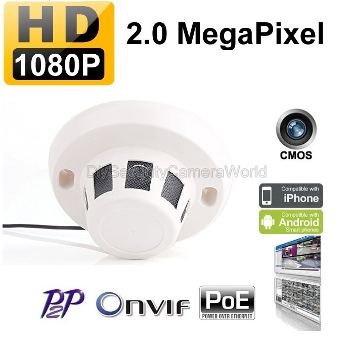1080P 2MP Indoor Security Smoke Detector Style IP Camera PoE