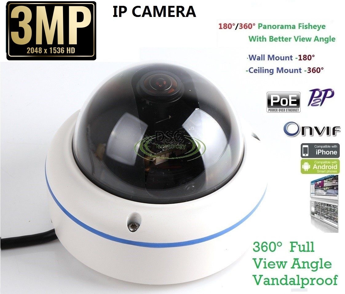 3MP In/Outdoor fisheye Panoramic Security Dome camera PoE Onvif
