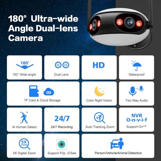 (image for) Wifi/PoE Panoramic 8MP 180° Dual Lens Full Color IR IP Camera Bullet iCSee/XMEYE