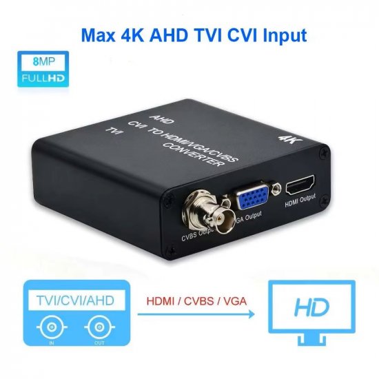 (image for) 4K TVI/AHD/CVI to HDMI/VGA/VCVBS Converter Support Camera up to 4K(8MP) Input, 1ch BNC Loop Out for Monitor or DVR