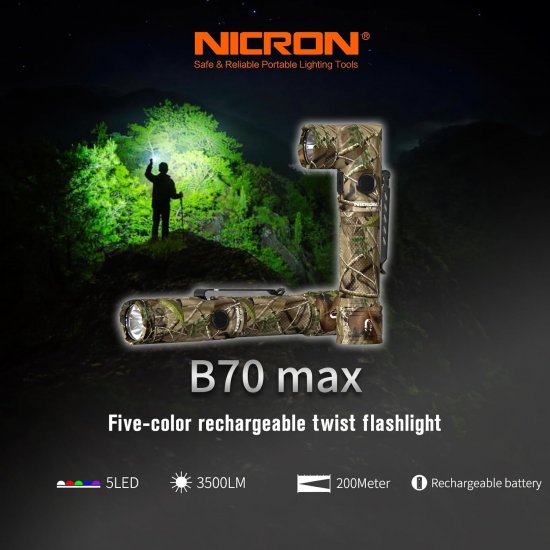 (image for) NICRON Flashlight, Rechargeable Twist Flashlight B70 Max 3500 Lumen LED Flashlight 5-Color Light 90 Degree Clamp with 360 Rotary Clip Waterproof