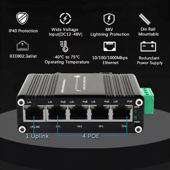 (image for) Mini Industrial 5 Ports Gigabit PoE Switch Hardened 5 Port RJ45 10/100/1000Mbps 802.3at Ethernet Switch Din Rail Mount PoE+ Switch 10Gbps Switching Capacity