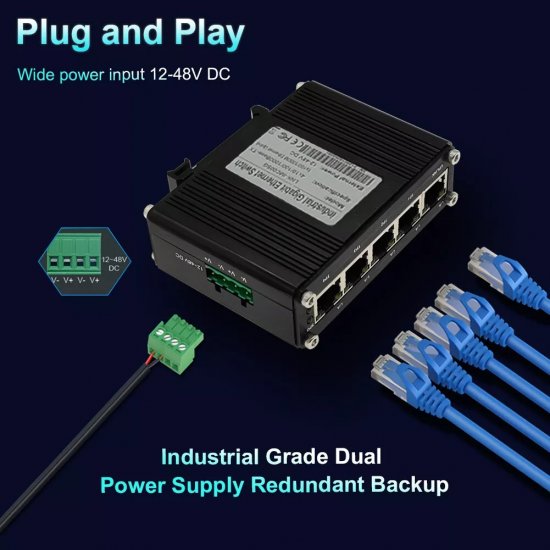 (image for) Mini Industrial 5 Ports Gigabit PoE Switch Hardened 5 Port RJ45 10/100/1000Mbps 802.3at Ethernet Switch Din Rail Mount PoE+ Switch 10Gbps Switching Capacity