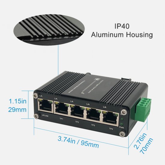 (image for) Mini Industrial 5 Ports Gigabit PoE Switch Hardened 5 Port RJ45 10/100/1000Mbps 802.3at Ethernet Switch Din Rail Mount PoE+ Switch 10Gbps Switching Capacity