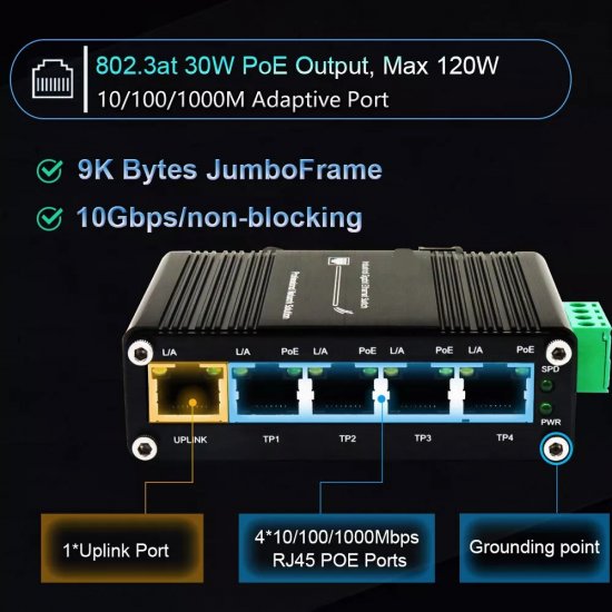 (image for) Mini Industrial 5 Ports Gigabit PoE Switch Hardened 5 Port RJ45 10/100/1000Mbps 802.3at Ethernet Switch Din Rail Mount PoE+ Switch 10Gbps Switching Capacity