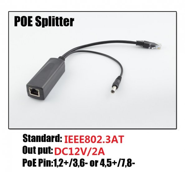 (image for) PoE Splitter 48V PoE to 12V 2A DC for Non-PoE IP Camera