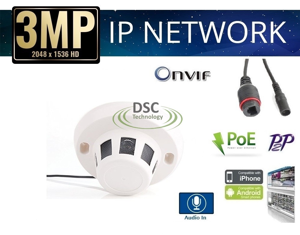 3MP Indoor Security Smoke Detector Style IP Camera PoE Audio