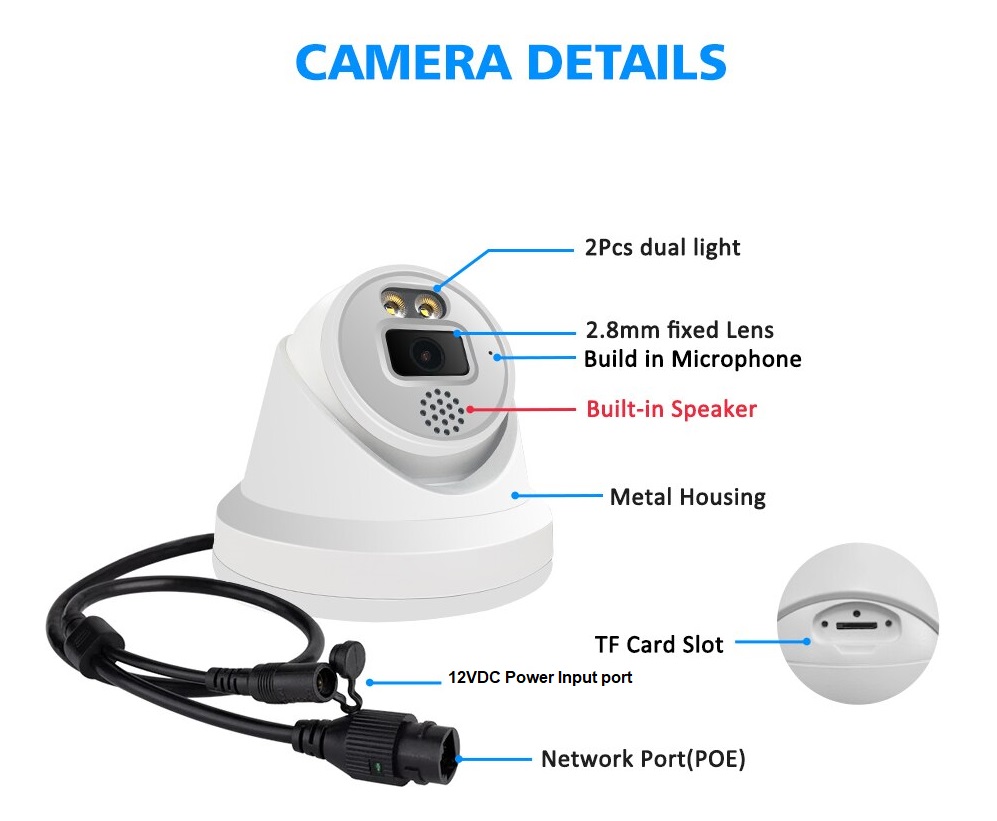 5MP PoE IP Dome Camera 24/7 Full Color Night Vision 2.8mm lens